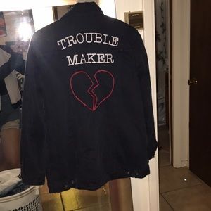 Embroidered trouble maker lucky brand denim jacket